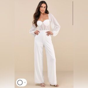 Lulus White Mesh Baloon Sleeve Bustier Jumpsuit